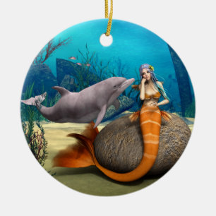 Träumende Meerjungfrau Delfin Unterwasser Fantasy  Keramik Ornament