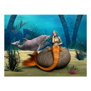 Träumende Meerjungfrau Delfin Unterwasser Fantasy Poster