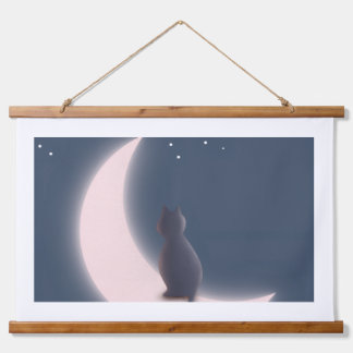 Träumende schwarze Katze auf zunehmendem Mond Wand Wandteppich Mit Holzrahmen