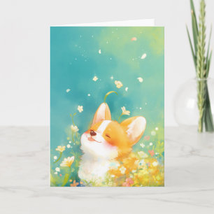 Träumender Corgi umgeben von Blumen Karte