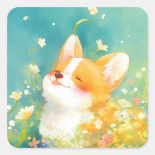 Träumender Corgi umgeben von Blumen Quadratischer Aufkleber