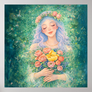 Träumender Engel mit Blumen – Sanfte grüne Fantasy Poster