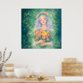 Träumender Engel mit Blumen – Sanfte grüne Fantasy Poster (Küche)