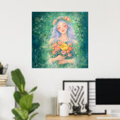 Träumender Engel mit Blumen – Sanfte grüne Fantasy Poster (Heimbüro)