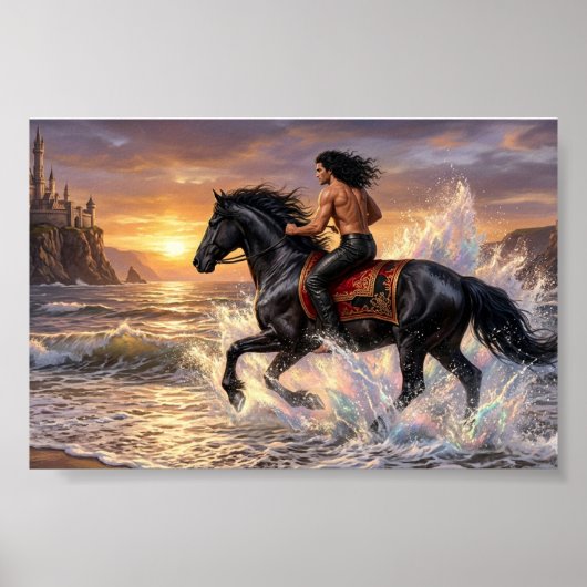 Träumender Mann auf einem Pferd am Strand bei Sonn Poster (Vorne)