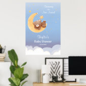 Träumender Teddybär Mond Sanft Blau Baby Shower Poster (Heimbüro)