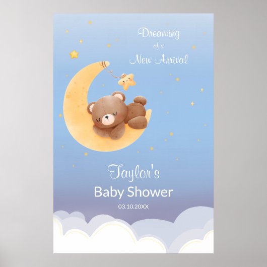 Träumender Teddybär Mond Sanft Blau Baby Shower Poster (Vorne)