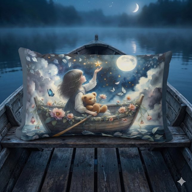 Träumendes Mädchen rudert Boot Mondlicht-Fantasie- Lendenkissen (Dreamy Girl Rowing Boat Moonlit Fantasy Scene Lumbar Pillow Mockup C)