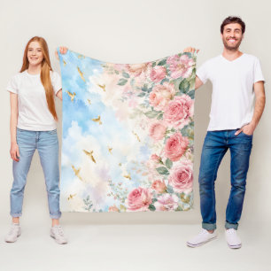 Träumerische Aquarellrosen und goldene Vögel Flora Fleecedecke