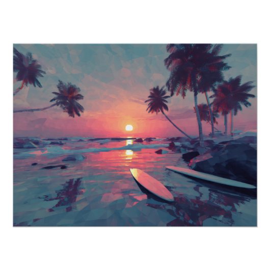 Träumerische Retro-Sonnenuntergangs-Insel-Kunst Poster (Vorderseite)