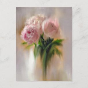 Träumerische rosa Pfingstrosen in weißer Vase Postkarte
