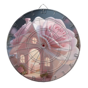 Träumerische rosa Rose und fantastisches Haus Kuns Dartscheibe
