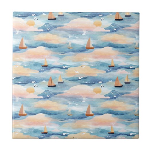 Träumerische Segelboote Ozean Aquarellmuster (5) Fliese (Vorderseite)