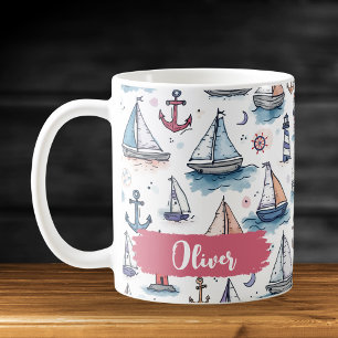 Träumerische Skizzen von Segelbooten Ankern und Le Kaffeetasse