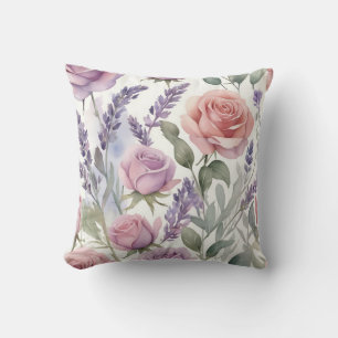 Träumerische Wasserfarben-Rosen und Lavendel Kissen