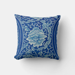 Träumerischer blauer Lotus Vintage-Chinoiserie Kissen