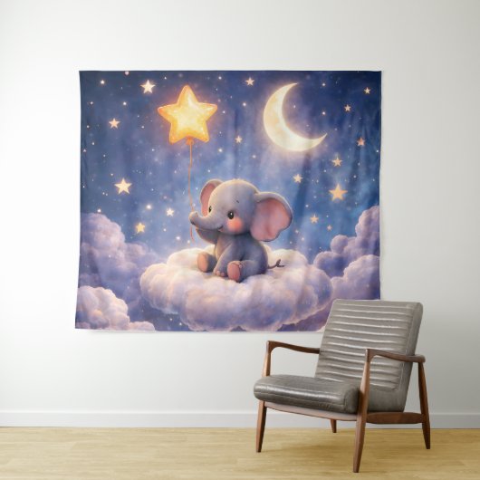 Träumerischer Elefant und Mitternachtsmond große W Wandteppich (Beispiel (Horizontal))