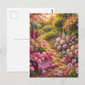 Träumerischer rosa Blumengartenweg-Malerei Postkarte (Vorne/Hinten)