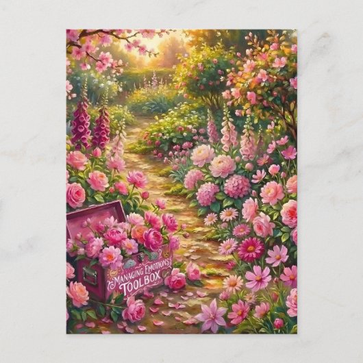 Träumerischer rosa Blumengartenweg-Malerei Postkarte (Vorderseite)