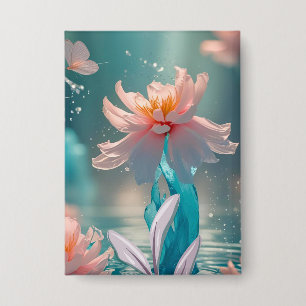 Träumerischer Rosa Lotus und Schmetterling in Aqua Button