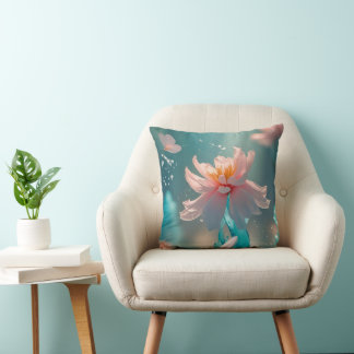 Träumerischer Rosa Lotus und Schmetterling in Aqua Kissen