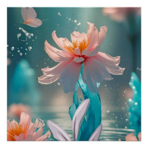 Träumerischer Rosa Lotus und Schmetterling in Aqua Poster