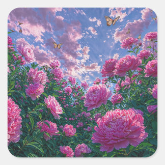 Träumerischer rosa Pfingstrosengarten und Schmette Quadratischer Aufkleber