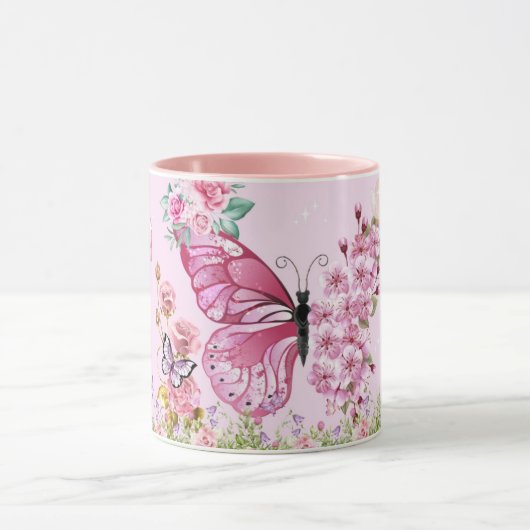Träumerischer rosa Schmetterlingsbecher – Blumiges Tasse (Zentrum)