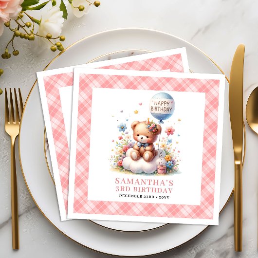 Träumerischer Teddybär Ballon Röte Blumen Geburtst Serviette