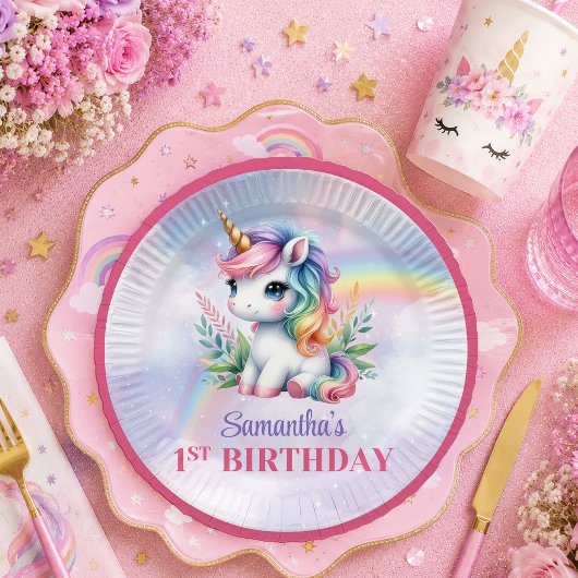Träumerisches Einhorn Pastellfarben Mädchen Geburt Pappteller