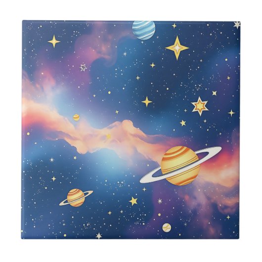 Träumerisches Galaxien-Planeten-Sterne-Muster Fliese (Vorderseite)