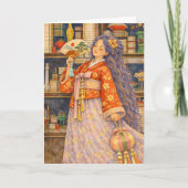 Träumerisches koreanisches Hanbok-Mädchen mit Fäch Karte (Vorderseite)