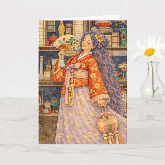 Träumerisches koreanisches Hanbok-Mädchen mit Fäch Karte (Kleine Pflanze)