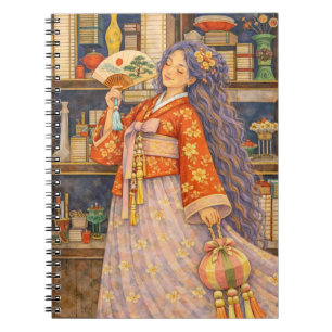 Träumerisches koreanisches Hanbok-Mädchen mit Fäch Notizblock