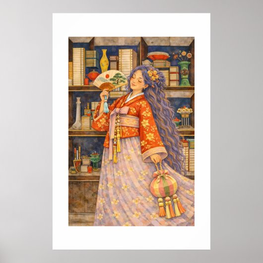 Träumerisches koreanisches Hanbok-Mädchen mit Fäch Poster (Vorne)