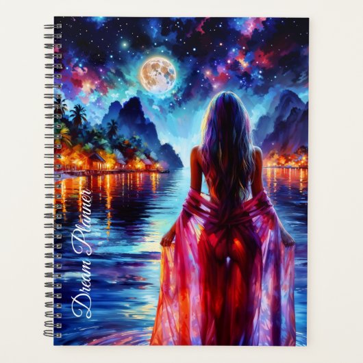 Träumerisches Mädchen am Ozeanstrand mit Mond und Planer (Vorderseite)
