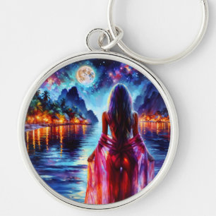 Träumerisches Mädchen am Ozeanstrand mit Mond und Schlüsselanhänger