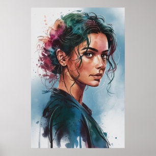 Träumerisches Wasserfarben-Frauenporträt mit farbe Poster