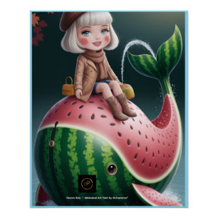 Traumfahrt – Süßes Mädchen auf Wassermelonen-Wal-F Poster