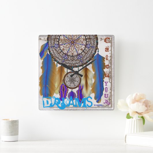 Traumfänger mit magischen Vogelfedern Quadratische Wanduhr (Zuhause)