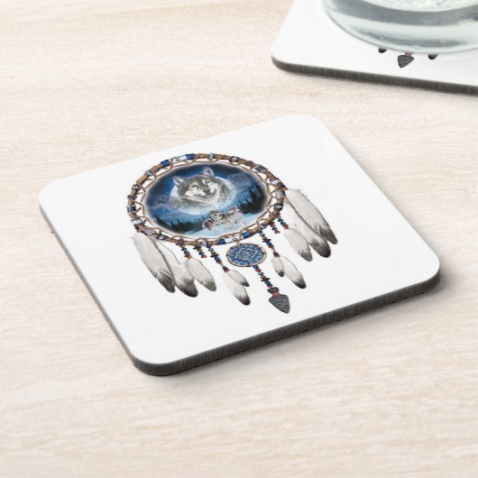 Traumfänger mit Wolfhintergrund Untersetzer (Linke Seite)