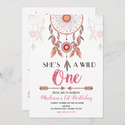 Traumfänger Wild Einladung zum 1. Geburtstag (Vorne/Hinten)