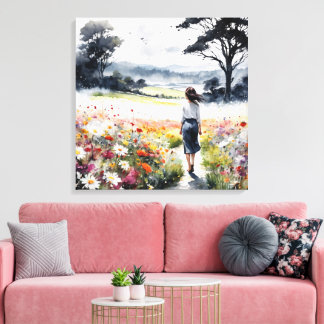 Traumfeld – Aquarell-Frau auf einer Wildblumenwies Leinwanddruck