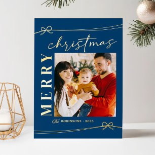 Traumhaft blaue Goldschrift Frohe Weihnachten Foto Folien Feiertagskarte