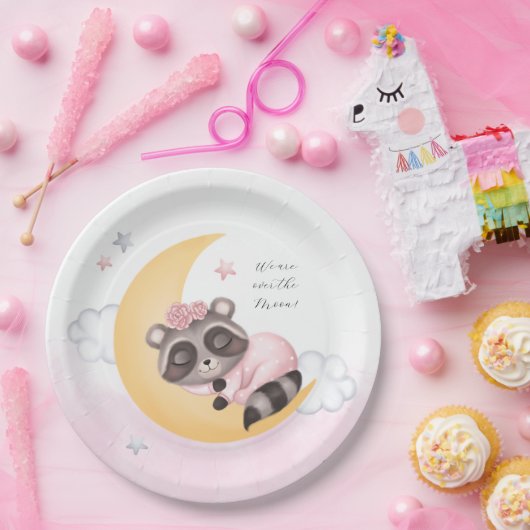Traumhaft über der Mond Raccoon Girl Baby Dusche Pappteller (Party)