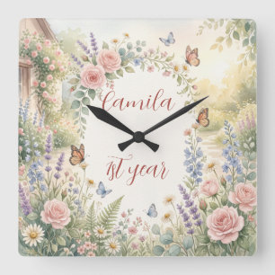 Traumhafte Cottagecore-Wasserfarben-Blumen individ Quadratische Wanduhr