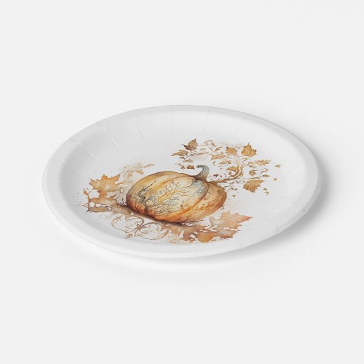 Traumhafte Dekoration mit Kürbis und Blätter Pappteller (Schrägansicht)