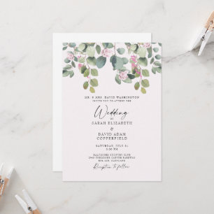 Traumhafte Eukalyptus- und rosa Rosen-Hochzeitsein Einladung