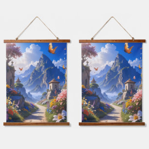 Traumhafte Fantasy-Landschaft-Tapete – Berge & Blü Wandteppich Mit Holzrahmen