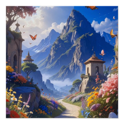Traumhafte Fantasy-Landschaftsteppich – Berge & Bl Poster (Vorderseite)